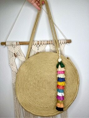 Magid Tote Circle purse round jute boho bag vibrant multi-color raffia tassel